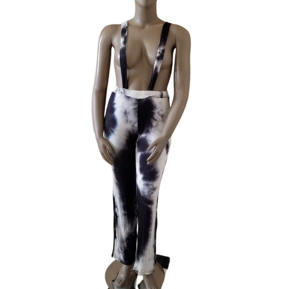 RAINBOW Tie Dye Suspender Hi-Rise Pants Womens XL Black White Adjustable Straps